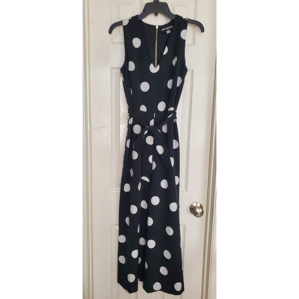 Karl Lagerfeld Paris Jumpsuit Black White Polka Dot Sleeveless Wide Leg Belted 4